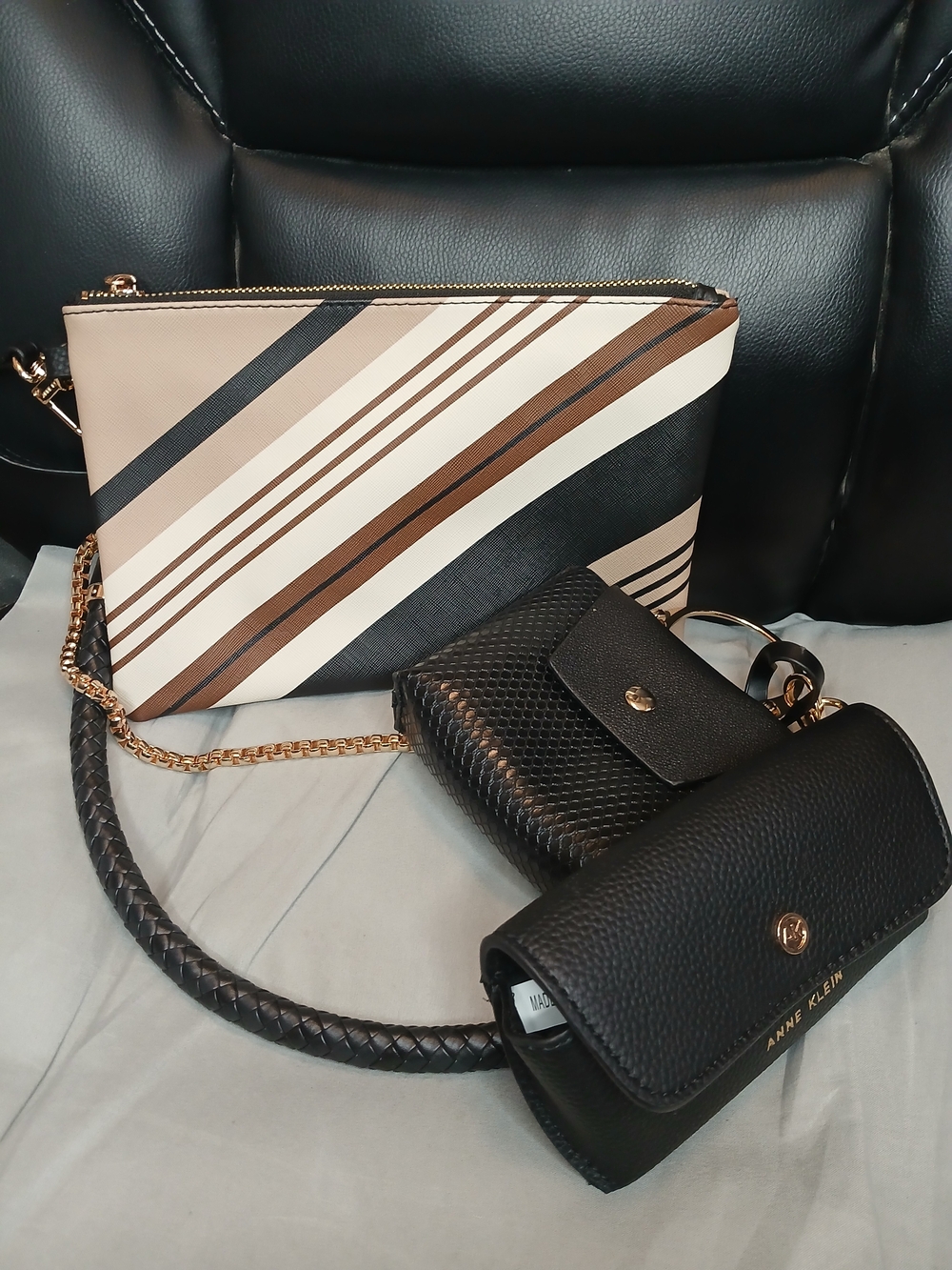 Anne Klein Black & Brown Striped Travel Pouch Trio